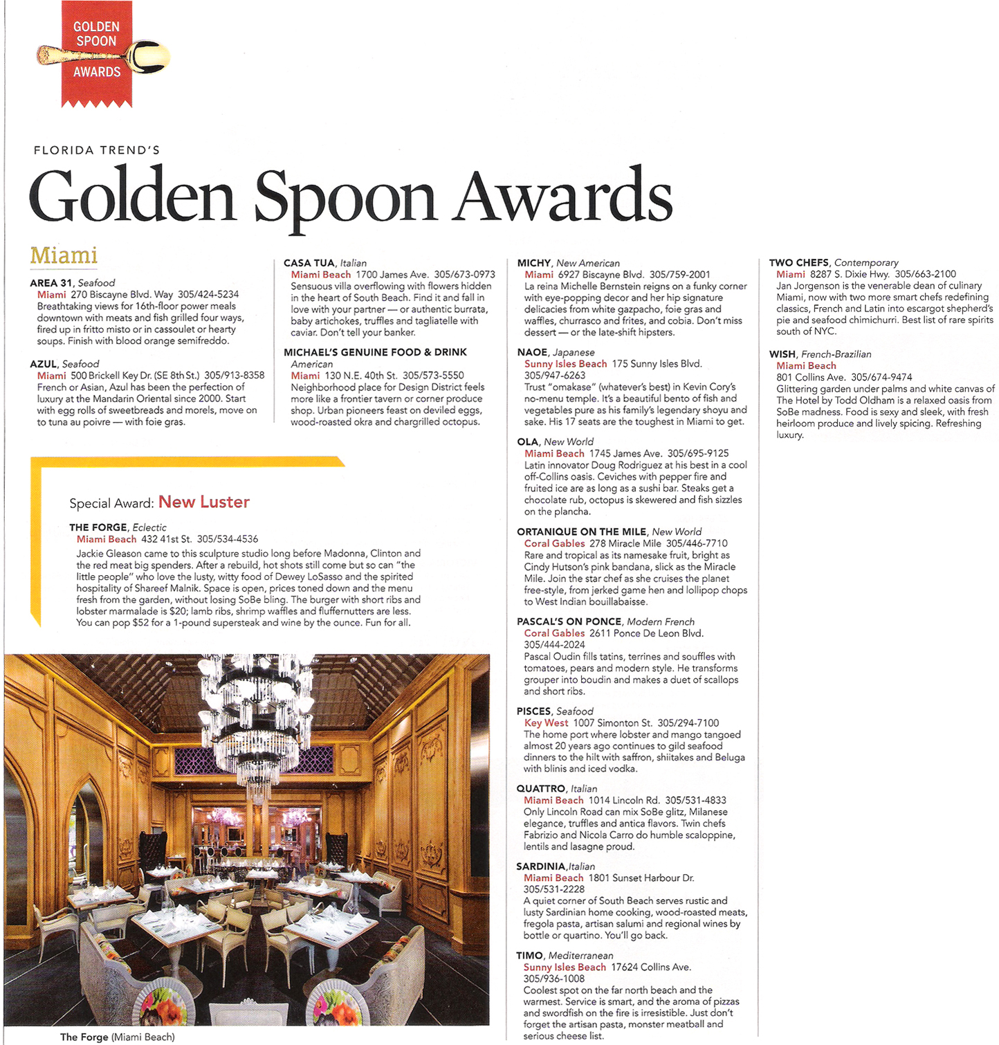 florida trend's golden spoon awards miami, area 31, azul, casa tua, the forge, michael's genuine food and drink, michy's, naoe, ola, ortanique on the mile, pascal's on ponce, pisces, quattro, sardinia, timo, two chefs, wish