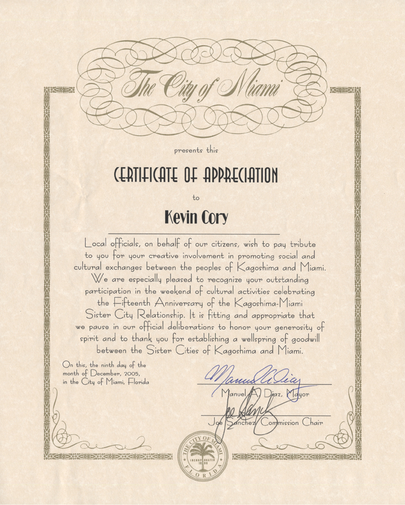 City of Miami Mayor Manual Diaz, Certificate of Appreciation, Chef Kevin Cory