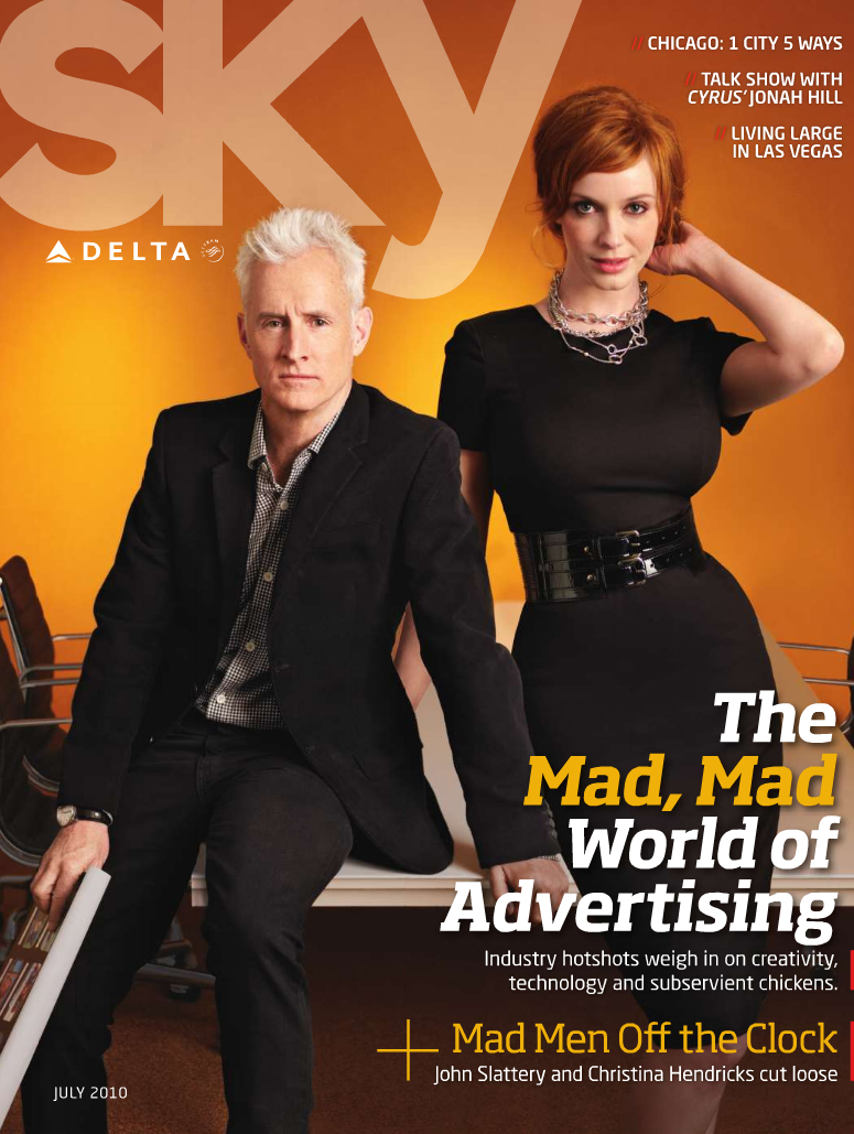 Delta Sky Magazine cover, July 2010. Mad Men, John Slattery and Christina Hendricks.