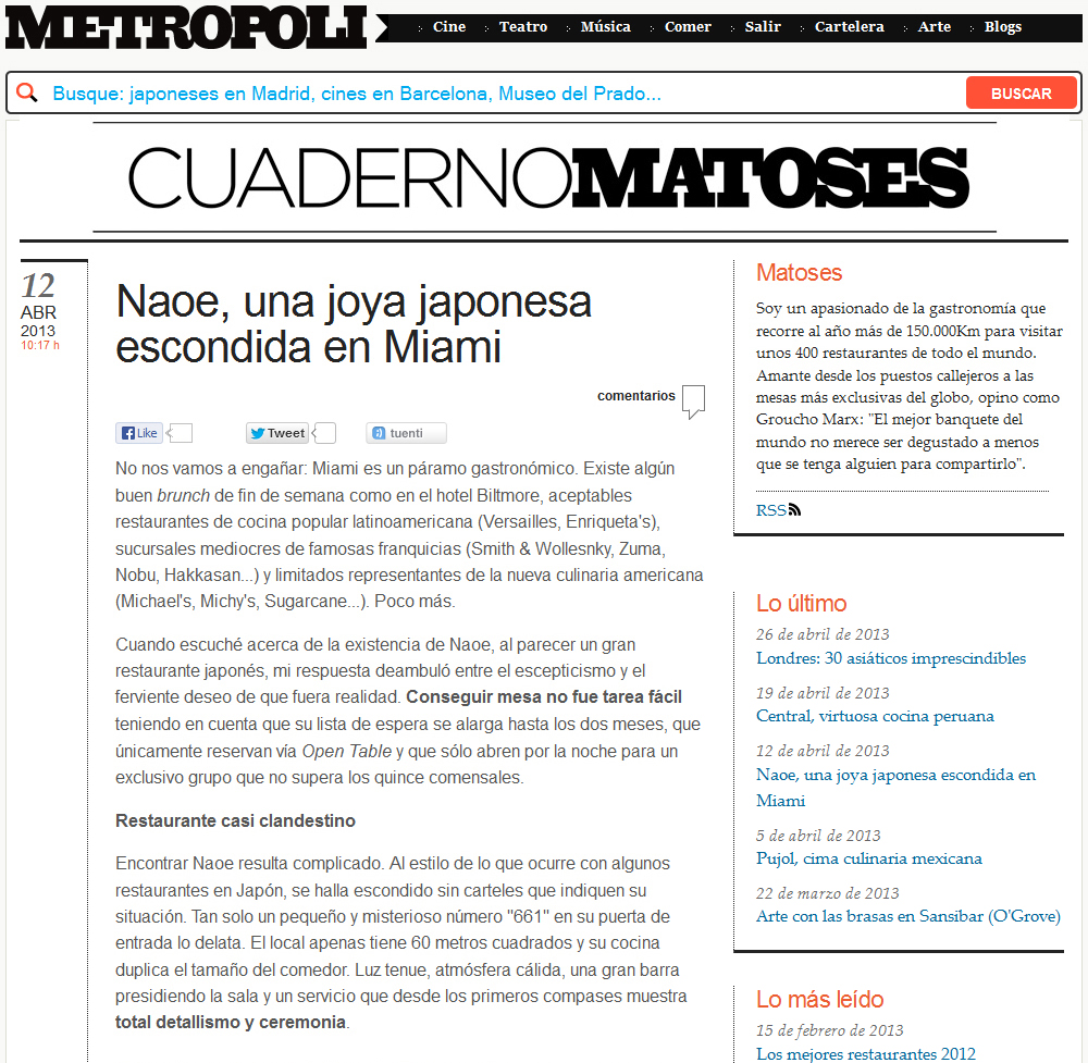 el mundo metropoli, naoe una joya japonesa escondida en miami, cuaderno matoses