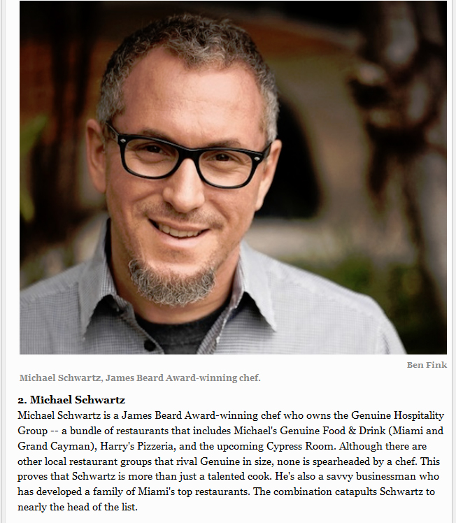 Michael Schwartz, Miami New Times Best of Miami, Miami's Top Ten Chefs,  James Beard Award