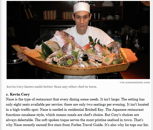 Kevin Cory, Miami New Times Best of Miami, Miami's Top Ten Chefs #1, omakase, Forbes Travel Guide Five Stars