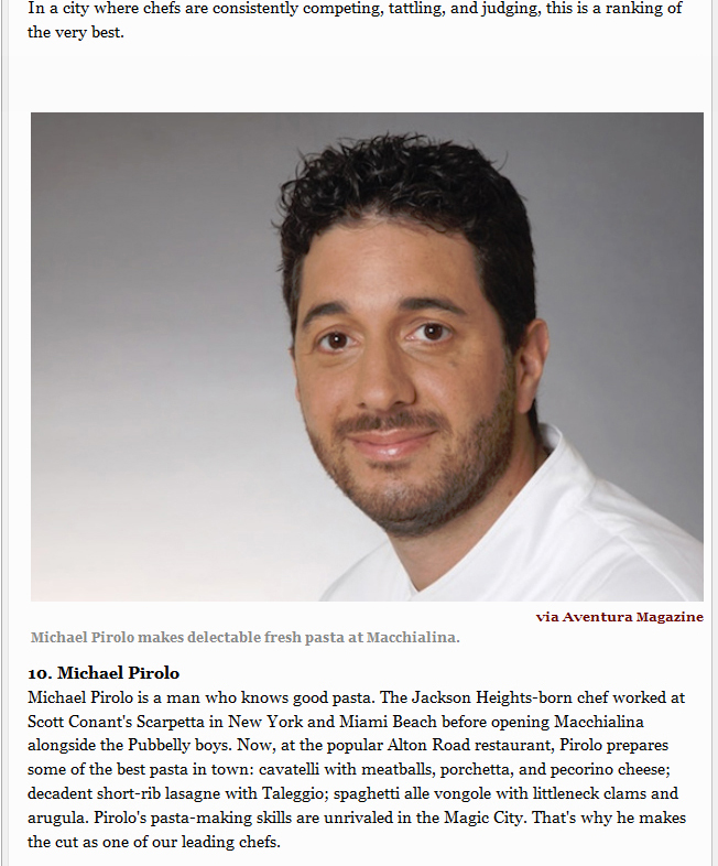 Michael Pirolo, Miami New Times Best of Miami, Miami's Top Ten Chefs