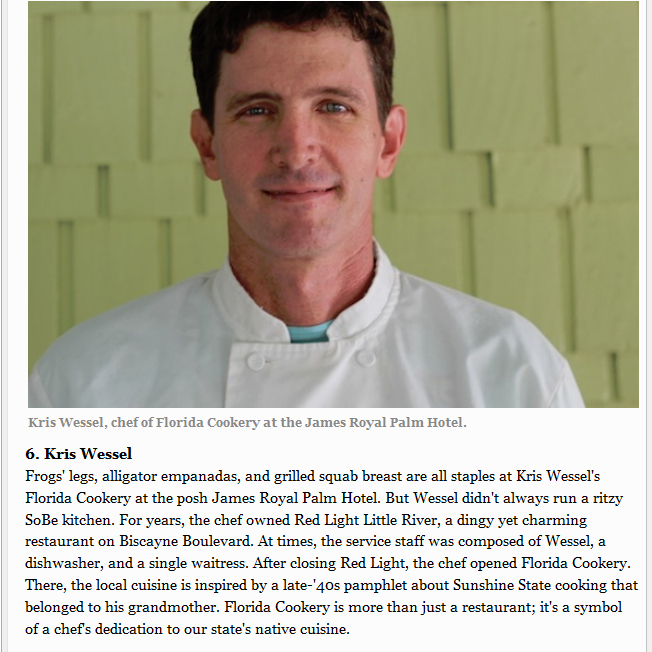 Kris Wessel, Miami New Times Best of Miami, Miami's Top Ten Chefs