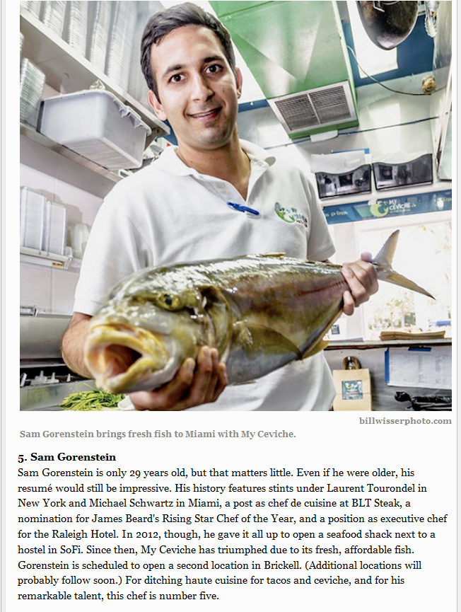 Sam Gorenstein, Miami New Times Best of Miami, Miami's Top Ten Chefs, James Beard Rising Star Chef of the Year