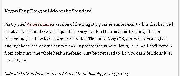 miami new times, ten of our 100 favorite foods in miami, lee klein, vegan ding dong at lido at the standard, vanessa lane