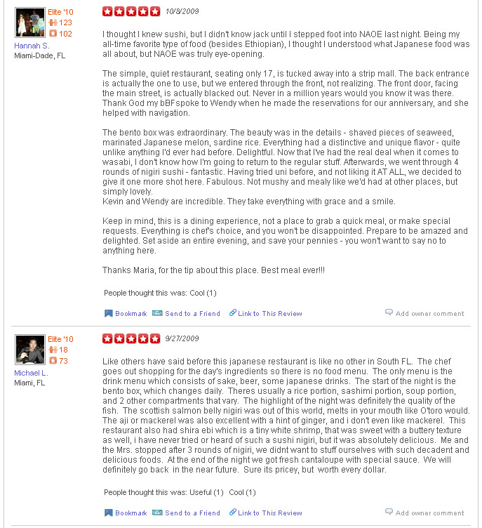 Yelp 5 stars, naoe, Hannah S., Michael L.