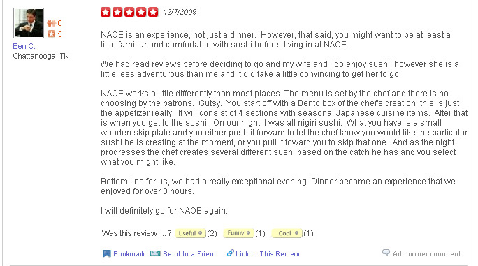 Yelp 5 stars, naoe, Ben C.