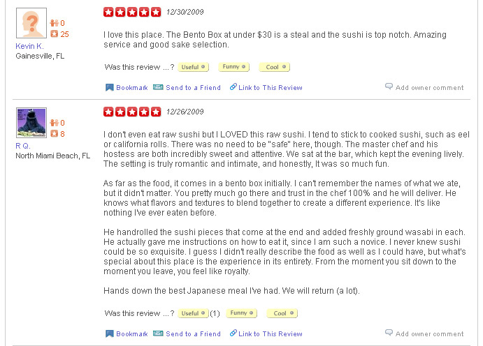 Yelp 5 stars, naoe, Kevin K., R Q.