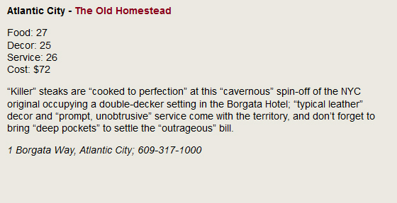 Atlantic City - The Old Homestead. Food: 27, Decor: 25, Service: 26, Cost: $72. Killer steaks are cooked to perfection at this cavernous spin-off of the NYC original occupying a double-decker setting in the Borgata Hotel; typical leather decor and prompt, unobtrusive service come with the territory, and don't forget to bring deep pockets to settle the outrageous bill. 1 Borgata Way, Atlantic City; 609-317-1000