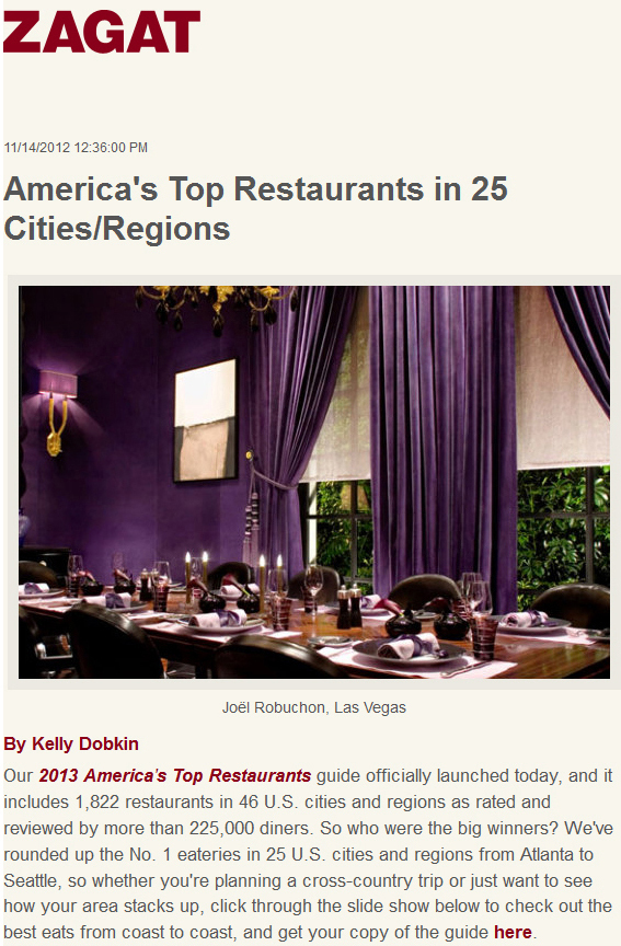 America's Top Restaurants in 25 Cities/Regions. Joel Robuchon, Las Vegas. By Kelly Dobkin. Our 2013 America's Top Restaurants guide officially launched today, and it includes 1,822 restaurants in 46 U.S. cities and regions as rated and reviewed by more than 225,000 diners. So who were the big winners? We've rounded up the No. 1 eateries in 25 U.S. cities and regions from Atlanta to Seattle, so whether you're planning a cross-country trip or just want to see how your area stacks up, cloick through the slide show below to check out the best eats from coast to coast, and get your copy of the guide here.